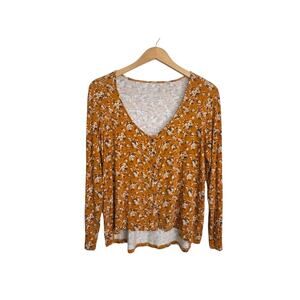 American Eagle Mustard Floral V-Neck Soft & Sexy Women’s Medium Boho Casual Tee